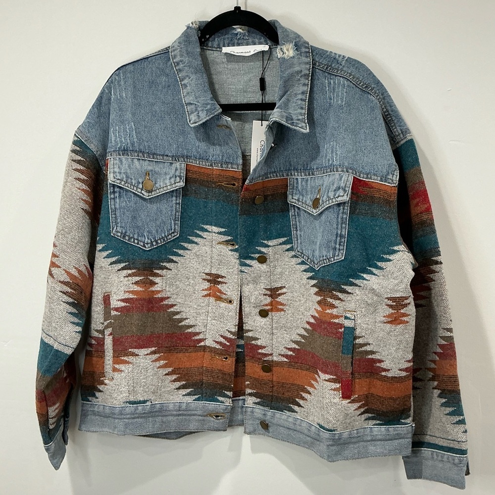 NWT Aztec Print Loose Denim Patchwork Jacket - Picture 2 of 7